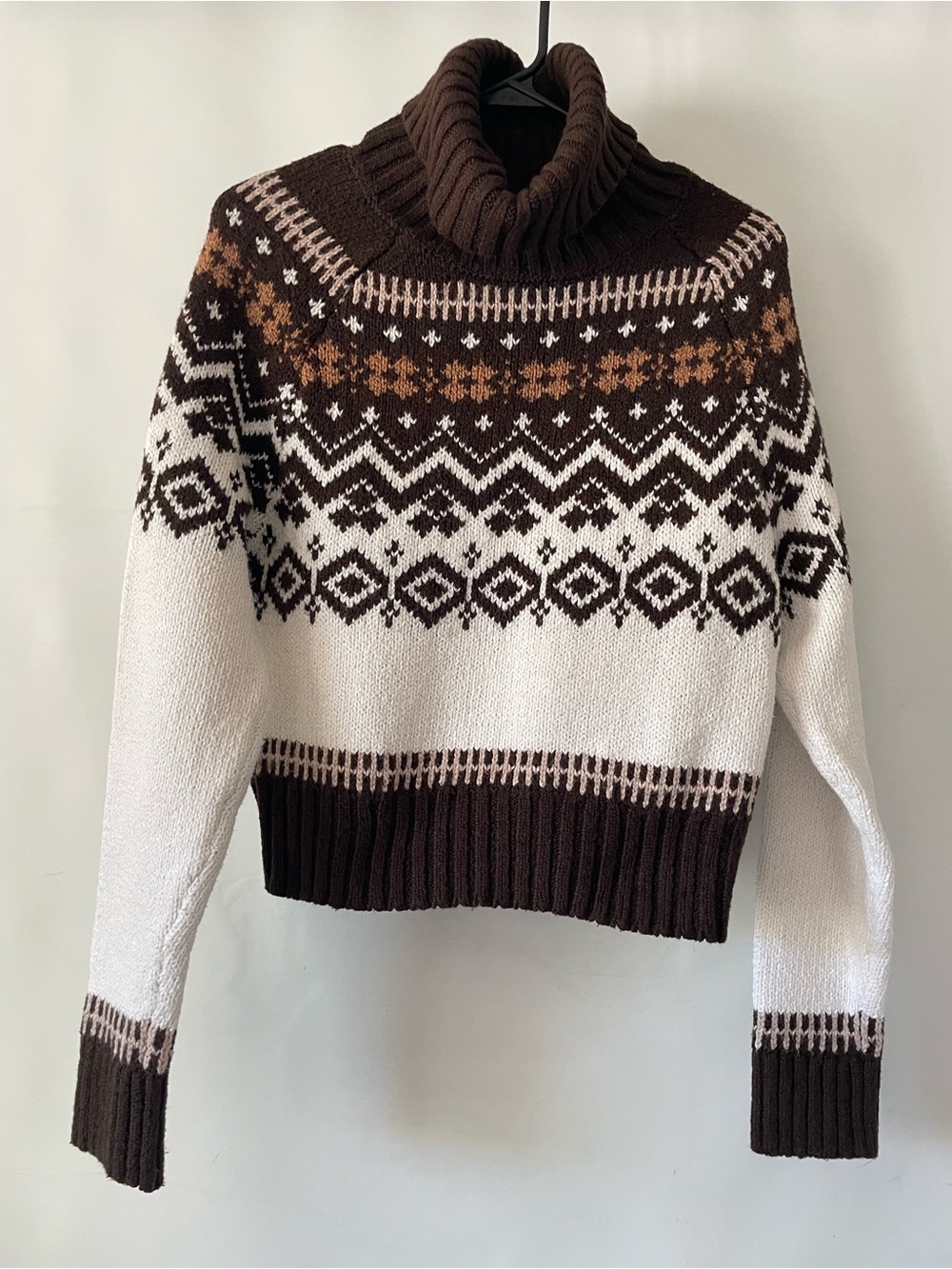 American Eagle Turtleneck Fair Isle Knit Sweater - Brown and White